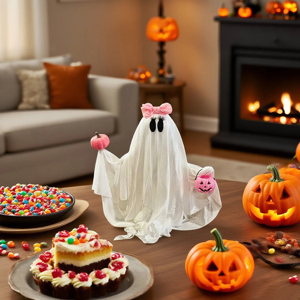Pink Bow Ghost with Pumpkin