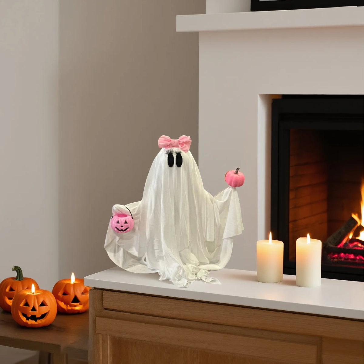 Pink Bow Ghost with Pumpkin