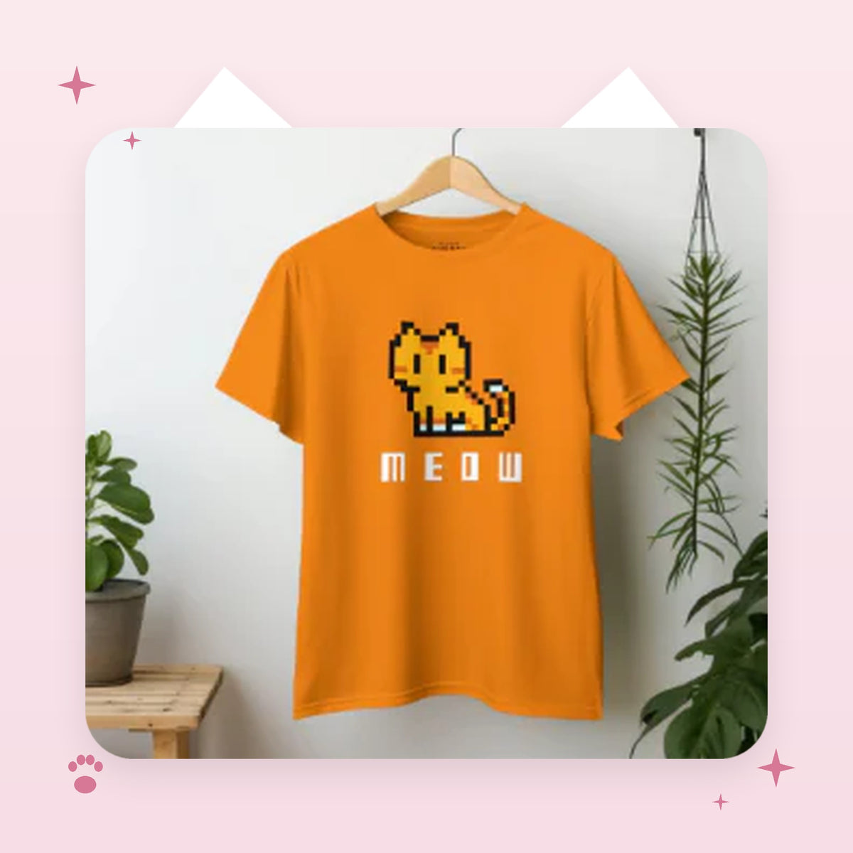 Pixel Art MEOW Cat Tee in orange